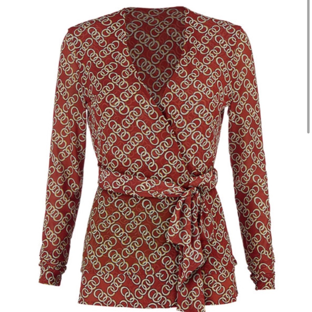 CAbi Red and White Patterned Blouse